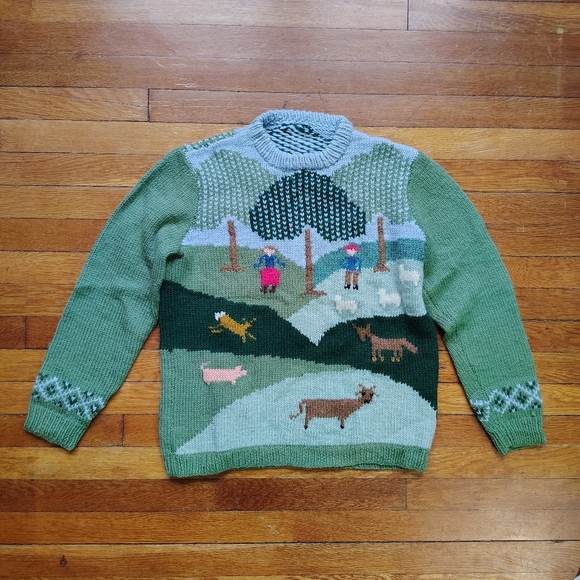 Handmade Sweaters - 90s Vintage Handmade Wool Sweater Garden Farm Scene Handknit Medium Large